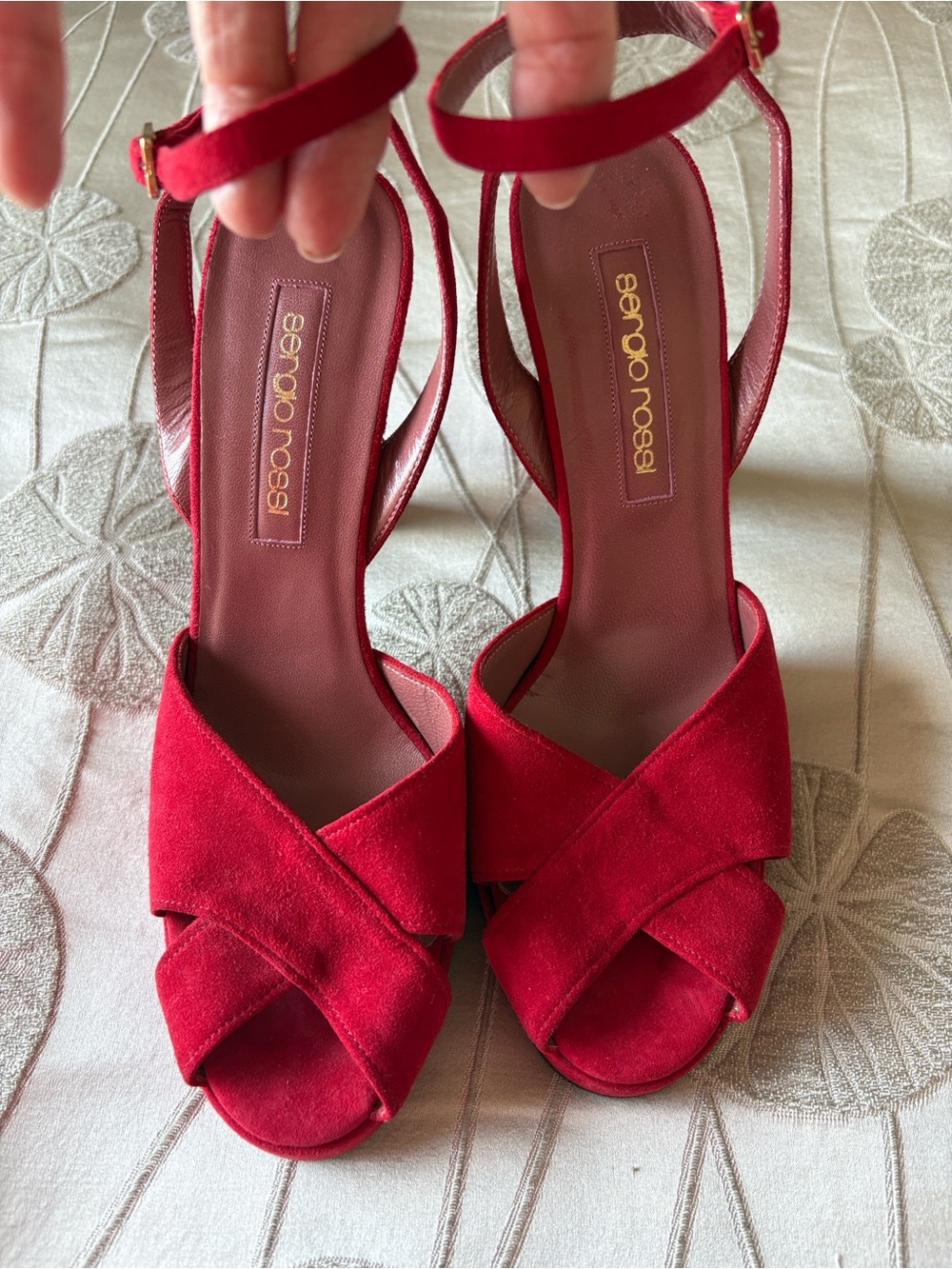 Sergio Rossi Red Suede Crisscross Open-Toe Ankle-Strap Heels size 38